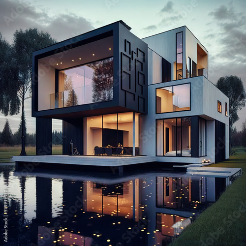 Amazing modern house, villa. Architectural exterior design. Inspiration, concept for designers and architects. Generative AI © Matyfiz