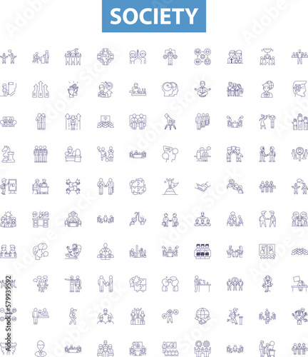 Society line icons, signs set. Society, community, culture, people, humans, civilization, organization, norms, values outline vector illustrations.