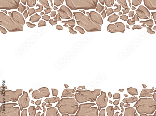 Vector horizontal vector card with border of dry clay and copy space. Broken earth stones. Frame with silhouette of smashed rocks with cracks