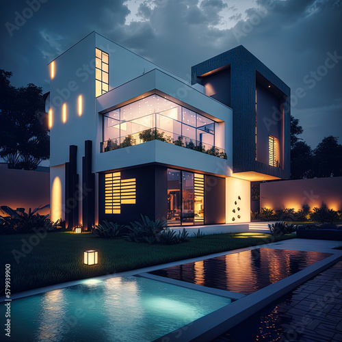 Amazing modern house, villa. Architectural exterior design. Inspiration, concept for designers and architects. Generative AI © Matyfiz