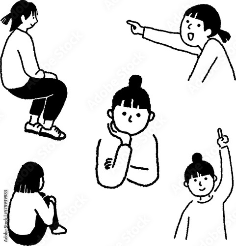 女性　ポーズ　考える　説明する　座る　線画