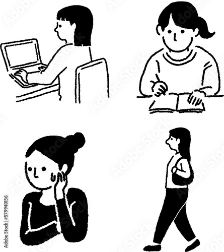 女性　主婦　困る　歩く　パソコン　線画