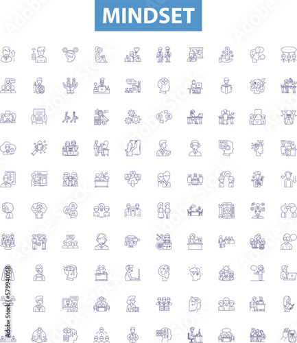 Mindset line icons, signs set. Attitude, Outlook, Perspective, Psyche, Disposition, Worldview, Thinking, Tenor, Mental outline vector illustrations.