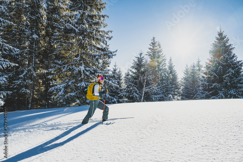 Mountaineer backcountry ski walking ski alpinist in the mountains. Ski touring in alpine landscape with snowy trees. Adventure winter sport. Kralova hola, Slovakia photo