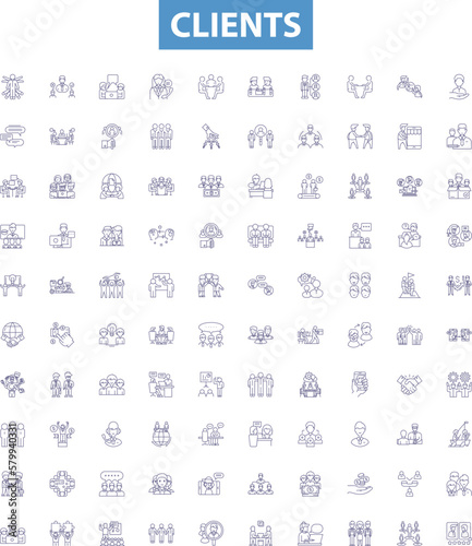 Clients line icons, signs set. Customers, Patrons, Consumers, Clients, Buyers, Prospects, Subscribers, Cliques, Audiences outline vector illustrations.