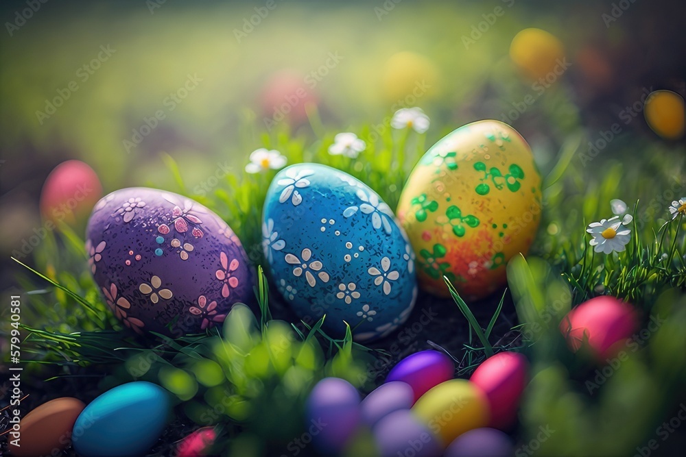 Easter eggs with a floral pattern in the grass. Generative Ai