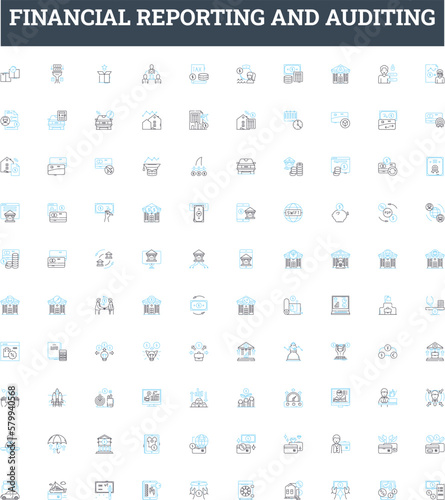 Financial reporting and auditing vector line icons set. Auditing, Finance, Reporting, Financial, Statements, Records, Analysis illustration outline concept symbols and signs