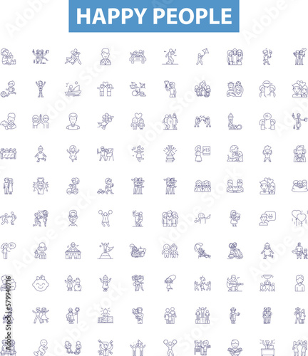 Happy people line icons, signs set. Cheerful, Joyful, Grinning, Content, Gleeful, Carefree, Mirthful, Blissful, Jocular outline vector illustrations.
