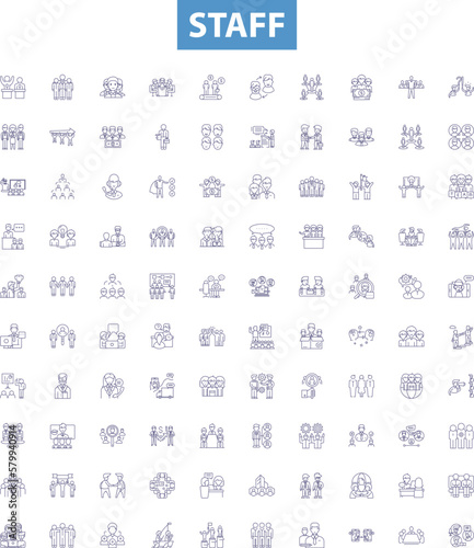 Staff line icons, signs set. Employees, Crew, Personnel, Workers, Team, Fixture, Helpers, Operatives, Hands outline vector illustrations.