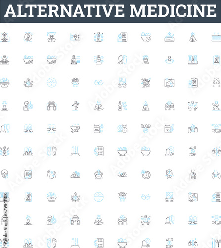 Alternative medicine vector line icons set. Holistic, Naturopathy, Homeopathy, Acupuncture, Ayurveda, Reiki, Aromatherapy illustration outline concept symbols and signs