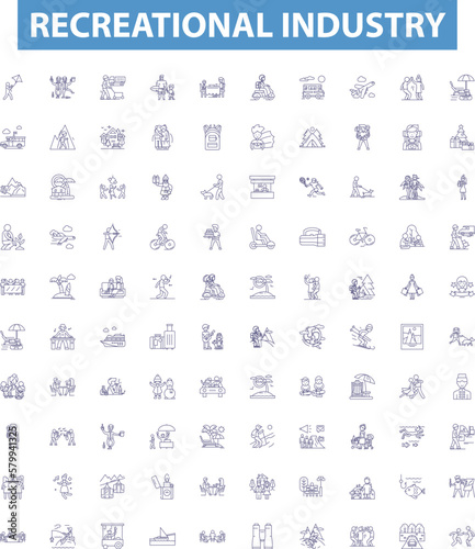 Recreational industry line icons, signs set. Hiking, Boating, Skiing, Fishing, Camping, Swimming, Surfing, Kayaking, Paintball outline vector illustrations.