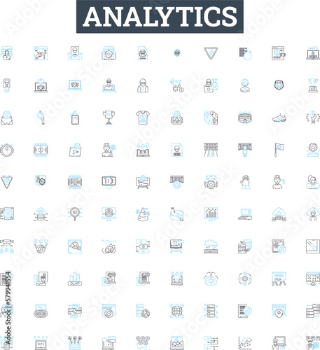Analytics vector line icons set. Analytics, Measurement, Reporting, Statistics, Tracking, Evaluation, Metrics illustration outline concept symbols and signs