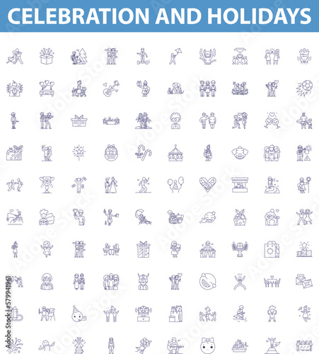 Celebration and holidays line icons, signs set. Festivals, Celebrations, Holidays, Party, Merriment, Joy, Happiness, Gatherings, Memory outline vector illustrations.