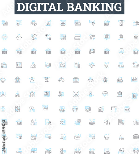 Digital banking vector line icons set. Digital, Banking, Online, Payments, Mobile, Transfer, Stores illustration outline concept symbols and signs