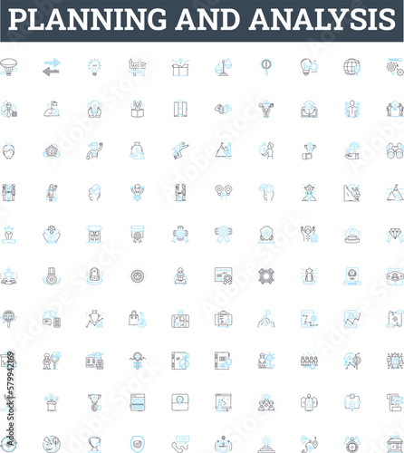 Planning and analysis vector line icons set. Planning, Analysis, Strategy, Forecast, Projection, Evaluation, Assess illustration outline concept symbols and signs