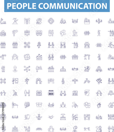 People communication line icons, signs set. Dialog, Chatting, Conversing, Networking, Corresponding, Phoning, Interacting, Messaging, Connecting outline vector illustrations.
