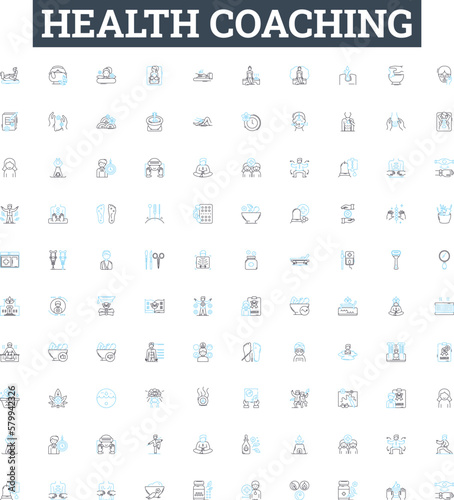 Health coaching vector line icons set. Wellness, Nutrition, Coaching, Exercise, Healthy, Habits, Diet illustration outline concept symbols and signs