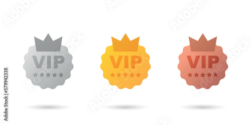 VIP badges icon in flat style. Gold, silver and bronze color vector illustration on isolated background. Premium luxury sign business concept.