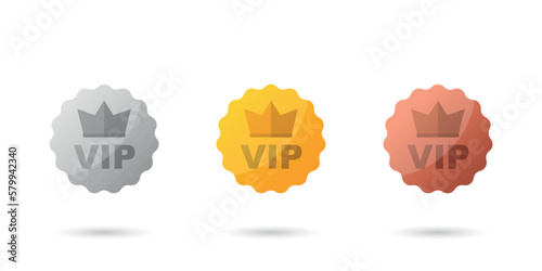 VIP badges icon in flat style. Gold, silver and bronze color vector illustration on isolated background. Premium luxury sign business concept.