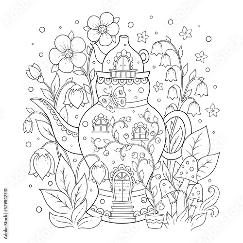 A fabulous teapot house overgrown with flowers. Highly detailed coloring page for children and adults. Fancy floral pattern to lift the mood.