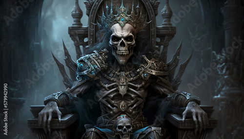 Skeleton king sitting on the throne, dark fantasy. Generative AI