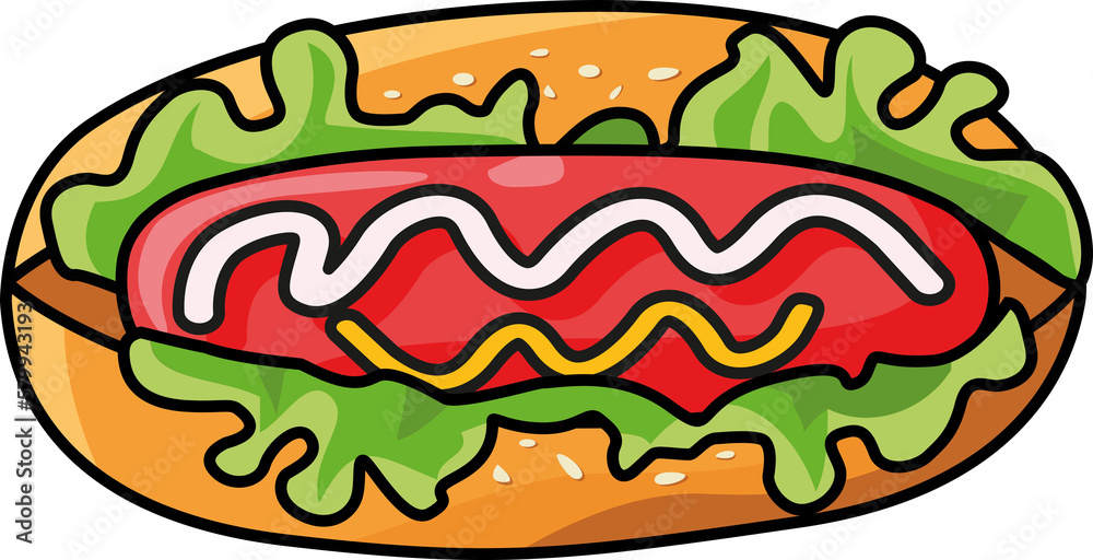 Hot dog isolated Outline and colored contour. Fast food. Junk street food. Hotdog icon for poster, banner, menu, brochure, web. Sandwich with mustard. PNG image