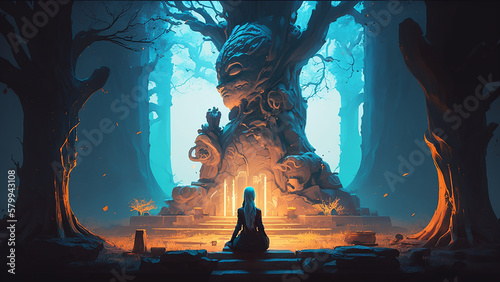 Woman praying in the mysterious temple in the early morning, Digital Art Style, Generative AI