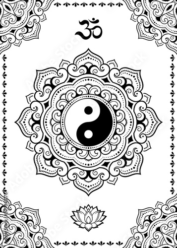 Set of Eastern ethnic religious symbols. Mandala with OM mantra, Yin Yang, Lotus flower. Decorative pattern for henna, mehndi, tattoos, room decoration. Outline doodle vector illustration.