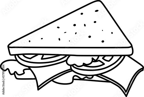 Fast food. Sandwich outlines uncolored. Grilled bread toast club ham, tomato, cheese flat design isolated illustration. Doodle style.