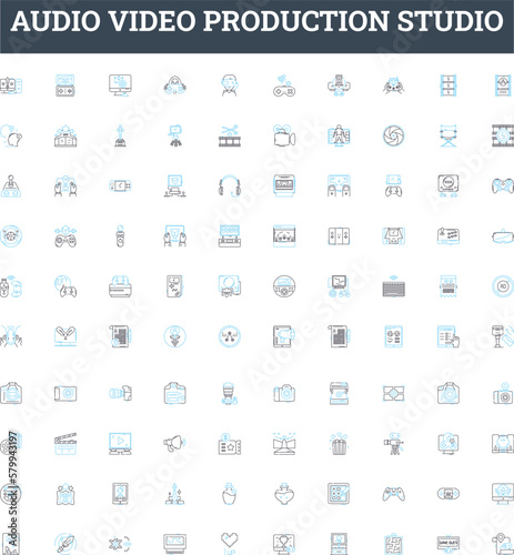 Audio video production studio vector line icons set. Recording, Mixing, Mastering, Editing, Dubbing, Broadcasting, Commercials illustration outline concept symbols and signs