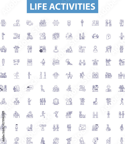 Life activities line icons, signs set. Existence, Survival, Living, Working, Playing, Learning, Eating, Socializing, Shopping outline vector illustrations.