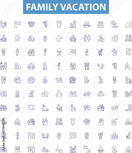 Family vacation line icons, signs set. Vacation, Family, Trip, Tour, Journey, Holiday, Adventure, Outing, Retreat outline vector illustrations.