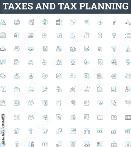 Taxes and tax planning vector line icons set. Taxes, Taxation, Taxation Planning, Planning, Return, Deductible, Payroll illustration outline concept symbols and signs