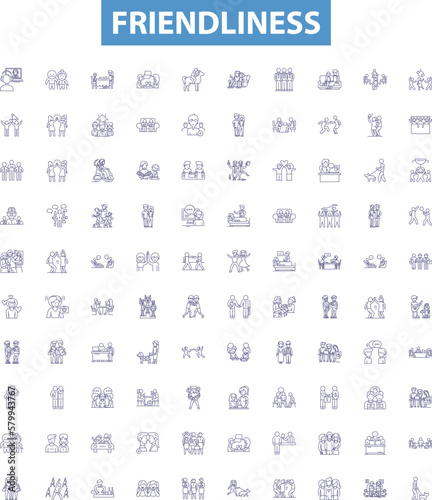Friendliness line icons, signs set. Affability, Amiability, Approachability, Benevolence, Camaraderie, Comradeship, Cordiality, Courtesy, Generosity outline vector illustrations.