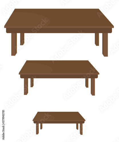 wooden tables in three different size isolated on white background