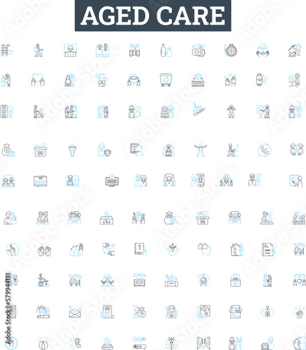 Aged care vector line icons set. Aging, Care, Elderly, Assisted, Supportive, Nursing, Retirement illustration outline concept symbols and signs