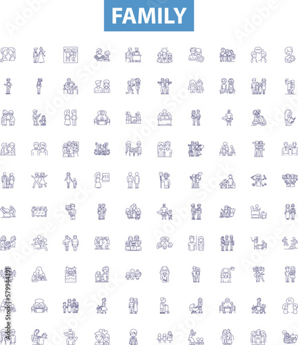 Family line icons, signs set. Kin, Relatives, Clan, Lineage, Descendants, Brood, Tribe, Kinfolk, Offspring outline vector illustrations.