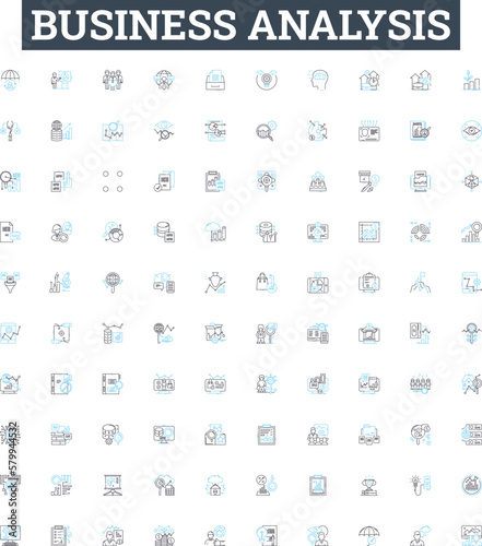 Business analysis vector line icons set. Business, Analysis, Strategy, Process, System, Risk, Market illustration outline concept symbols and signs