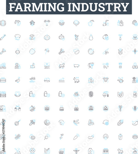 Farming industry vector line icons set. Agriculture, Crops, Livestock, Farming, Sowing, Harvesting, Irrigation illustration outline concept symbols and signs