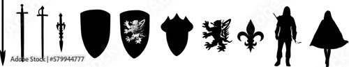 Set mittelalterlicher Elemente: Figuren, Waffen und Symbole