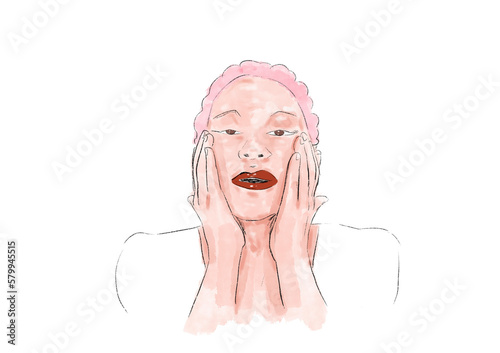 woman with curlers ,upper face ,face massage