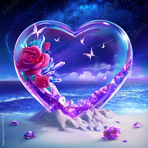Illustration of a love-shaped crystal with a rose on the beach at night 
