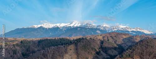 A panoramic view over Bucegi Mountains Natural Park of Romania. Carpathian Mountains.