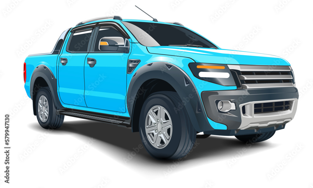Realistic 3D vector blue pickup four doors on white background - obrazy, fototapety, plakaty 