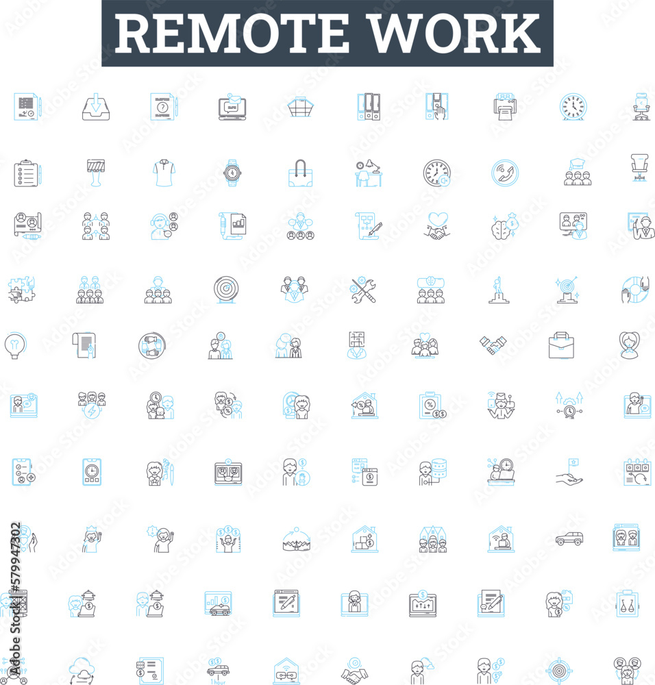 Remote work vector line icons set. Remote, Work, Telecommuting, Teleworking, Virtual, Office, Offsite illustration outline concept symbols and signs Remote work vector line icons set. Remote, Work, Telecommuting, Teleworking, Virtual, Office, Offsite illustration outline concept symbols and signs