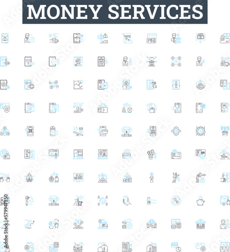 Money services vector line icons set. Money, services, banking, finance, transfer, payments, currency illustration outline concept symbols and signs