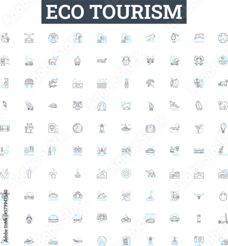 Eco tourism vector line icons set. Eco-tourism, conservation, sustainability, green, ecology, carbon, recycling illustration outline concept symbols and signs