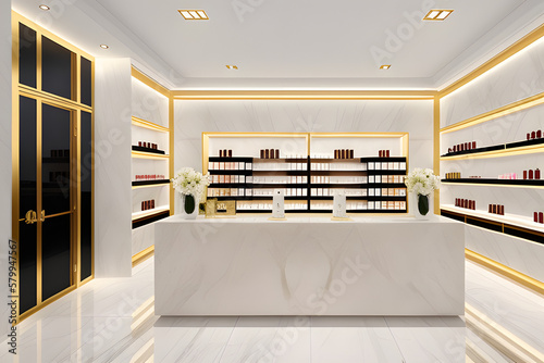 Empty white marble counter in elegant and luxury interior design of beauty cosmetic shop with gold steel shelf and personal, skin and hair care product and decorative glass backdrop partition