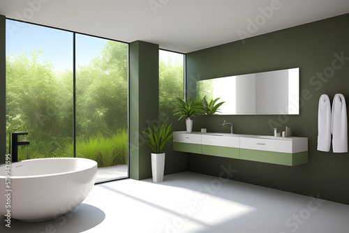 3D render polished cement wash basin in stand alone vanity counter with round mirror in sage green bathroom. Tropical green leaves plants  Sunlight  Foliages. Blank empty space  Products display.