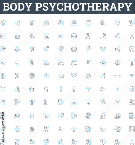 Body psychotherapy vector line icons set. Bodywork, Psychotherapy, Therapeutic, Counselling, Somatic, Energy, Trauma illustration outline concept symbols and signs